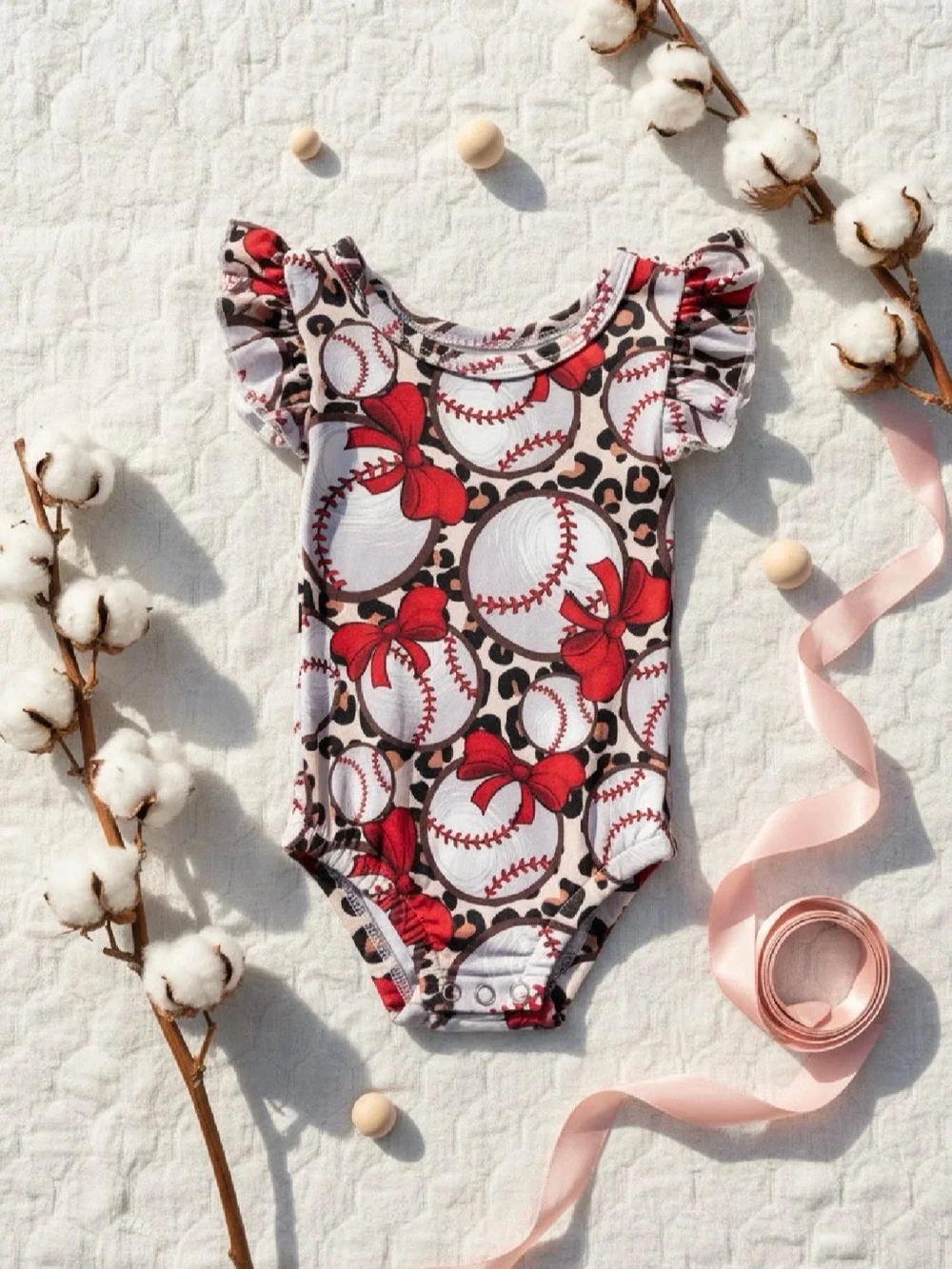 Girls Red Baseball Bow Ruffle One-Piece Bodysuit